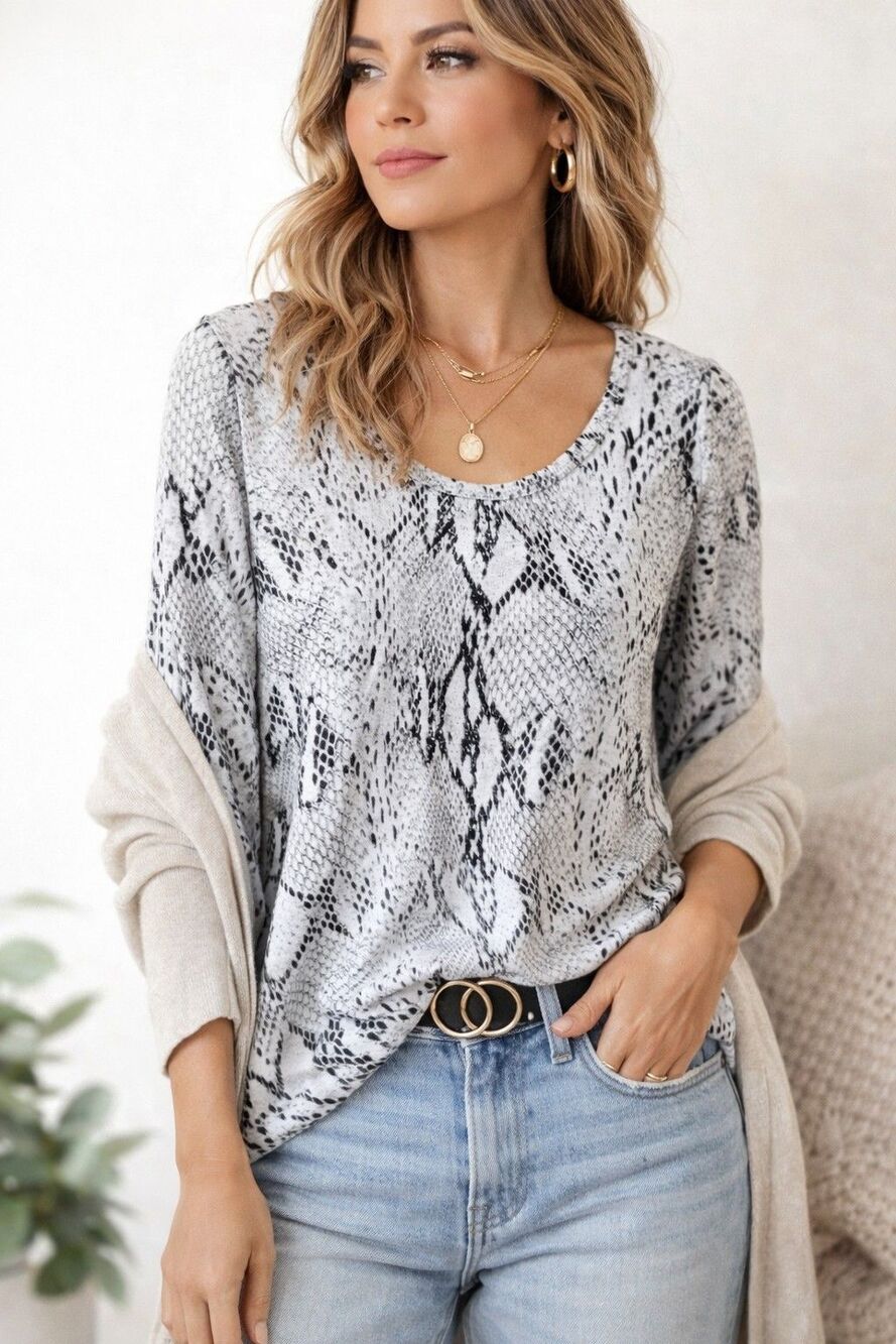 Karen Kane Long Sleeve Faux Snakeskin Long Sleeve Top Large